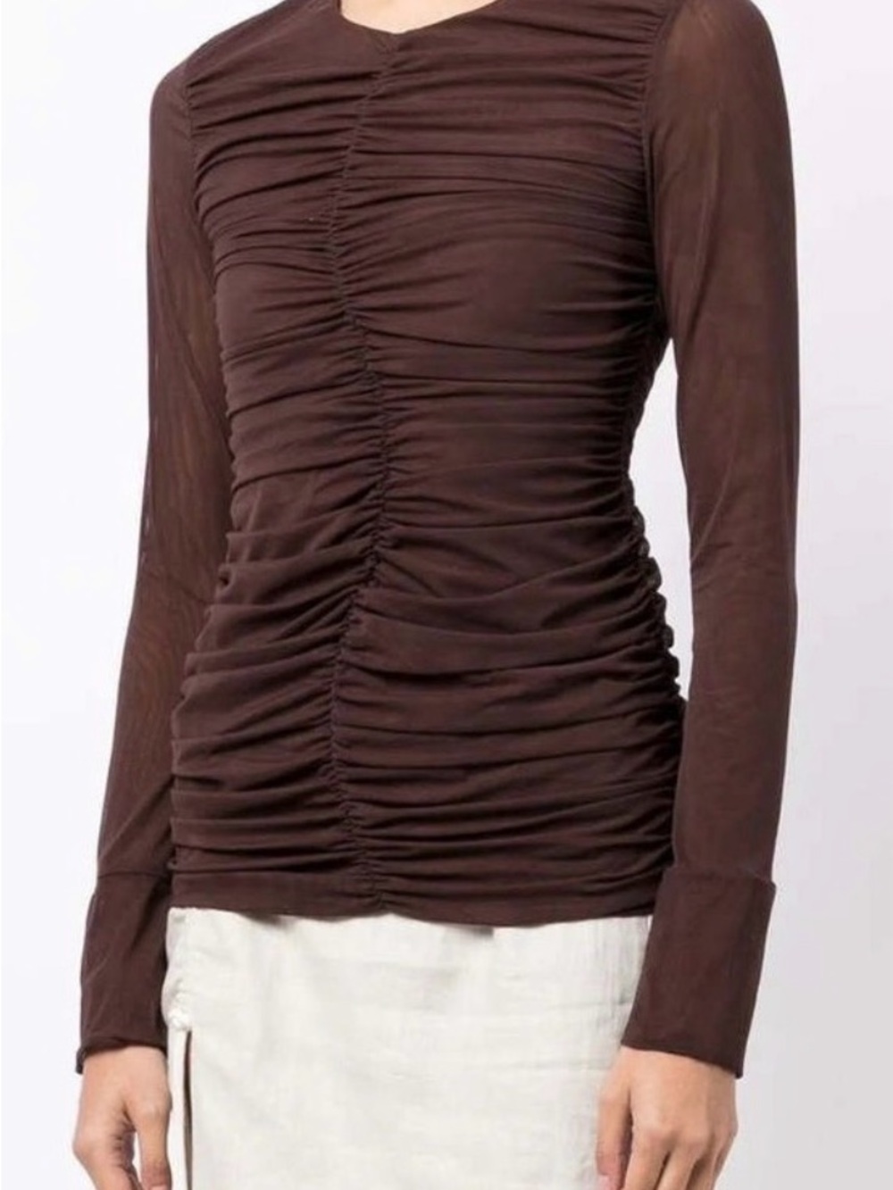 SIR Brown Ruched Long-Sleeve Mesh Women's Top
